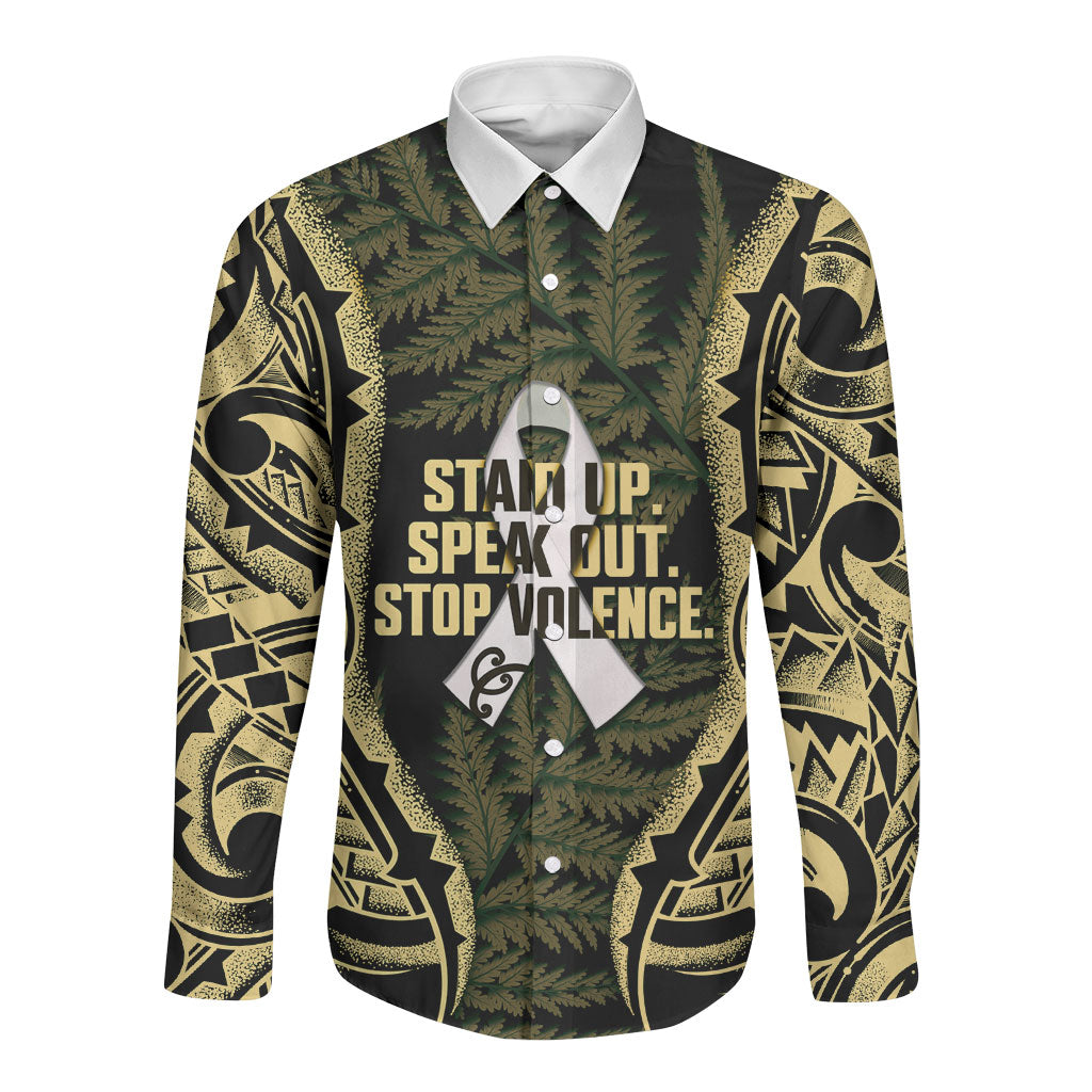 White Ribbon Day New Zealand Long Sleeve Button Shirt Respect Women Maori Pattern Yellow