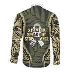 White Ribbon Day New Zealand Long Sleeve Button Shirt Respect Women Maori Pattern Yellow