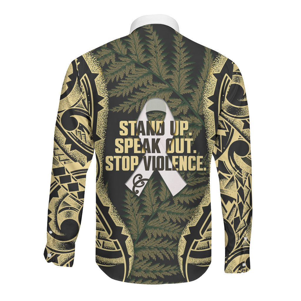 White Ribbon Day New Zealand Long Sleeve Button Shirt Respect Women Maori Pattern Yellow