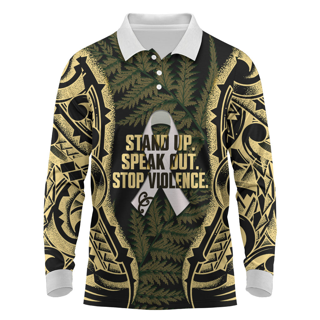 White Ribbon Day New Zealand Long Sleeve Polo Shirt Respect Women Maori Pattern Yellow