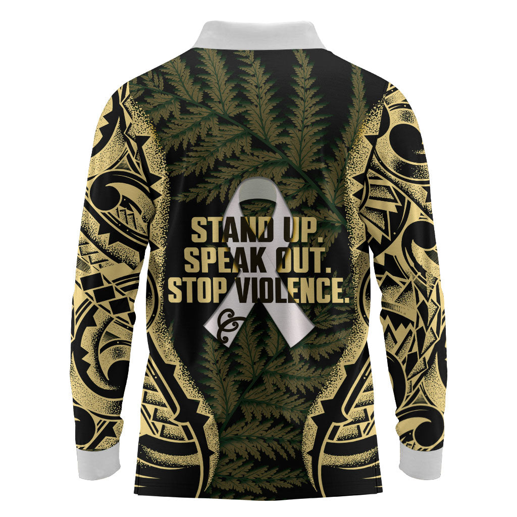 White Ribbon Day New Zealand Long Sleeve Polo Shirt Respect Women Maori Pattern Yellow