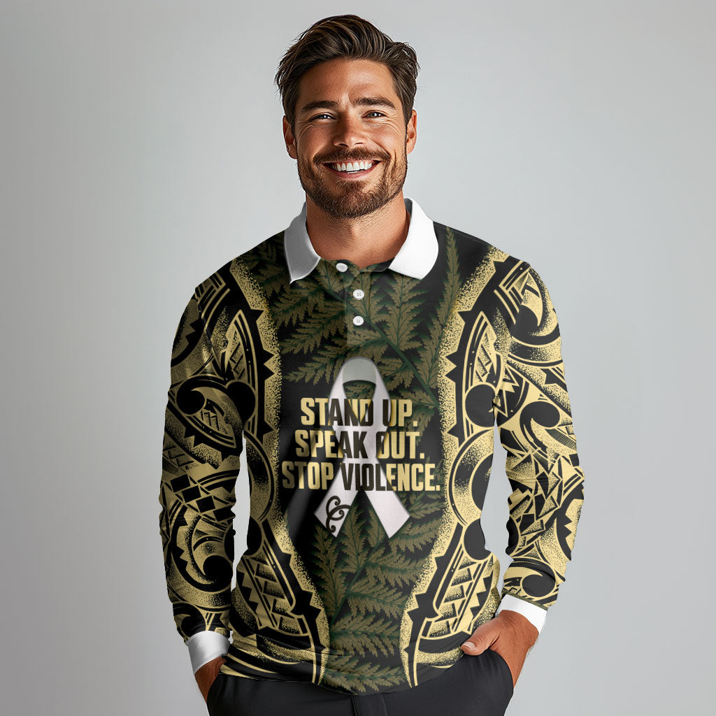 White Ribbon Day New Zealand Long Sleeve Polo Shirt Respect Women Maori Pattern Yellow