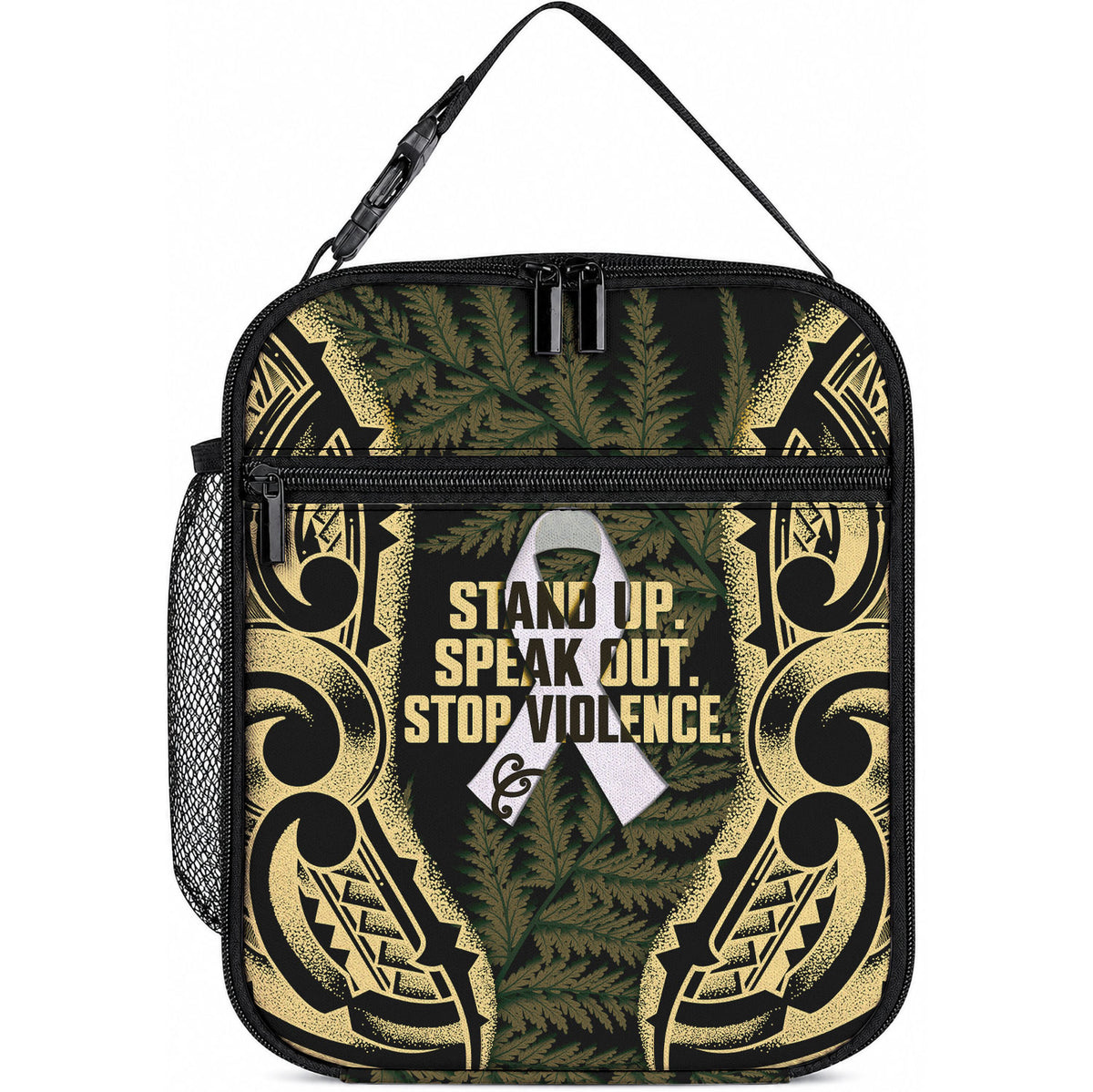 White Ribbon Day New Zealand Lunch Bag Respect Women Maori Pattern Yellow