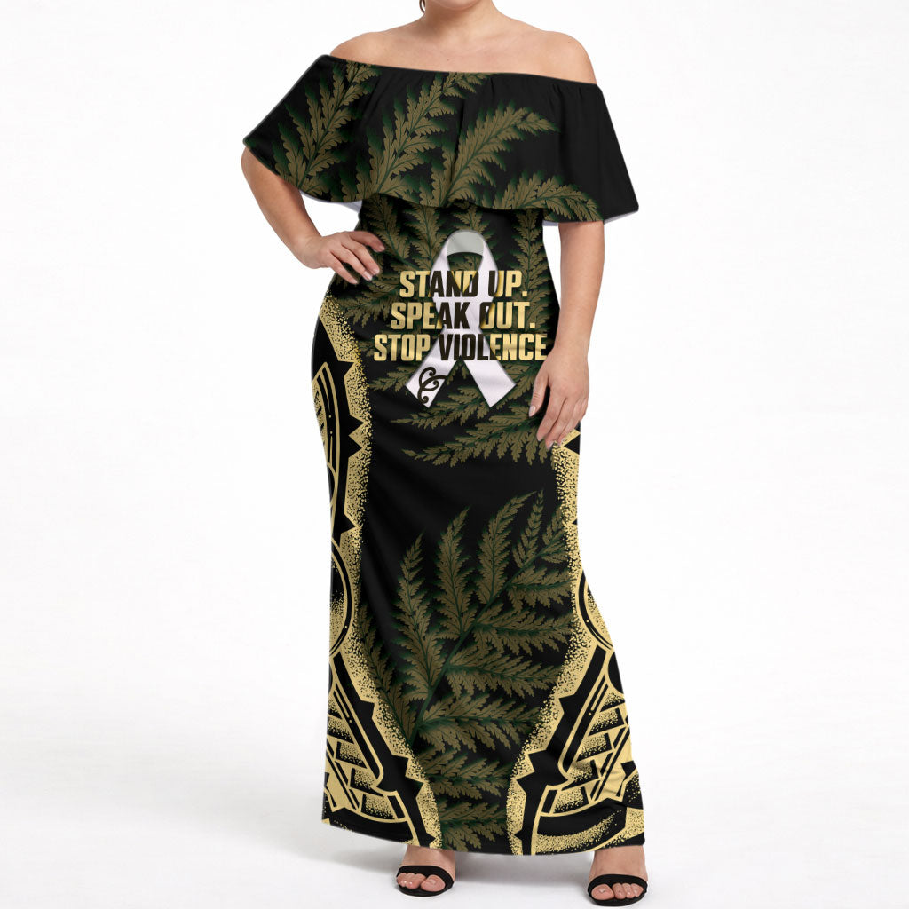 White Ribbon Day New Zealand Off Shoulder Maxi Dress Respect Women Maori Pattern Yellow