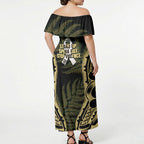 White Ribbon Day New Zealand Off Shoulder Maxi Dress Respect Women Maori Pattern Yellow