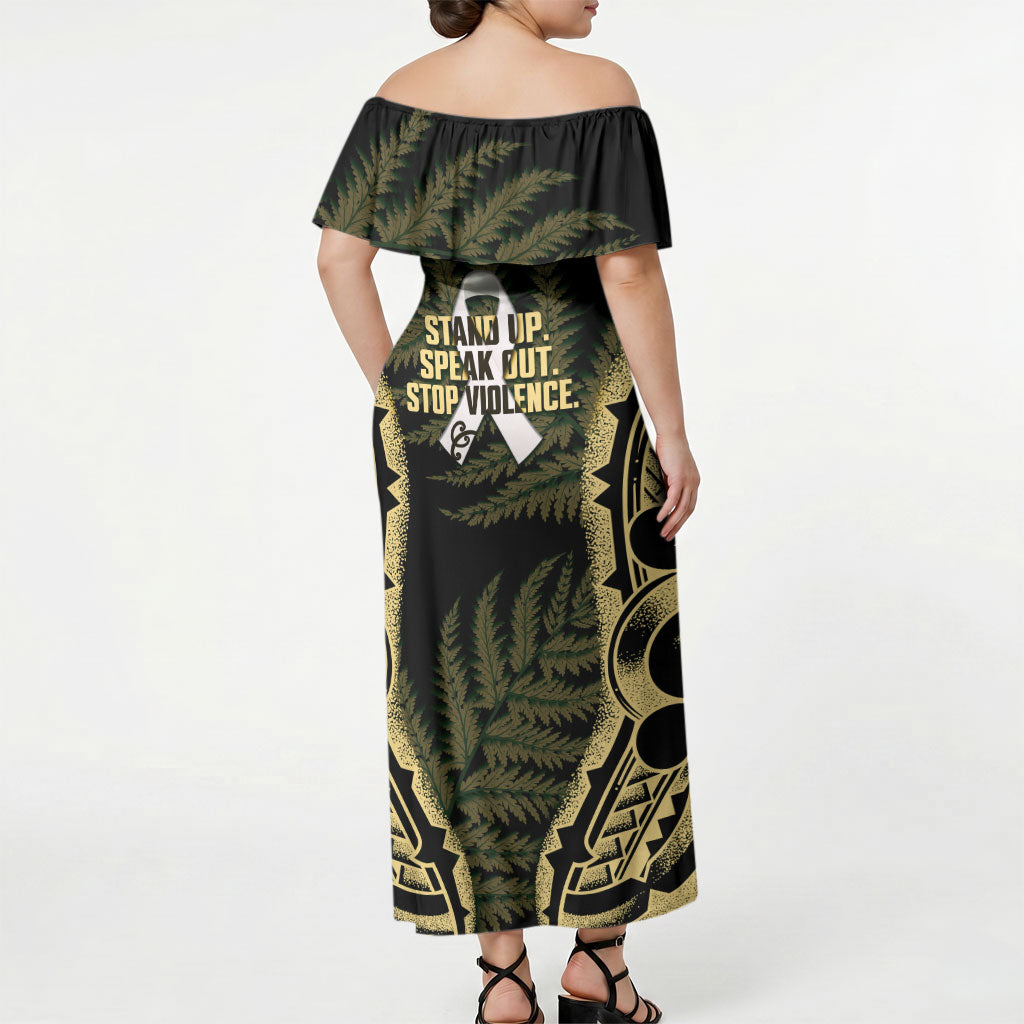 White Ribbon Day New Zealand Off Shoulder Maxi Dress Respect Women Maori Pattern Yellow