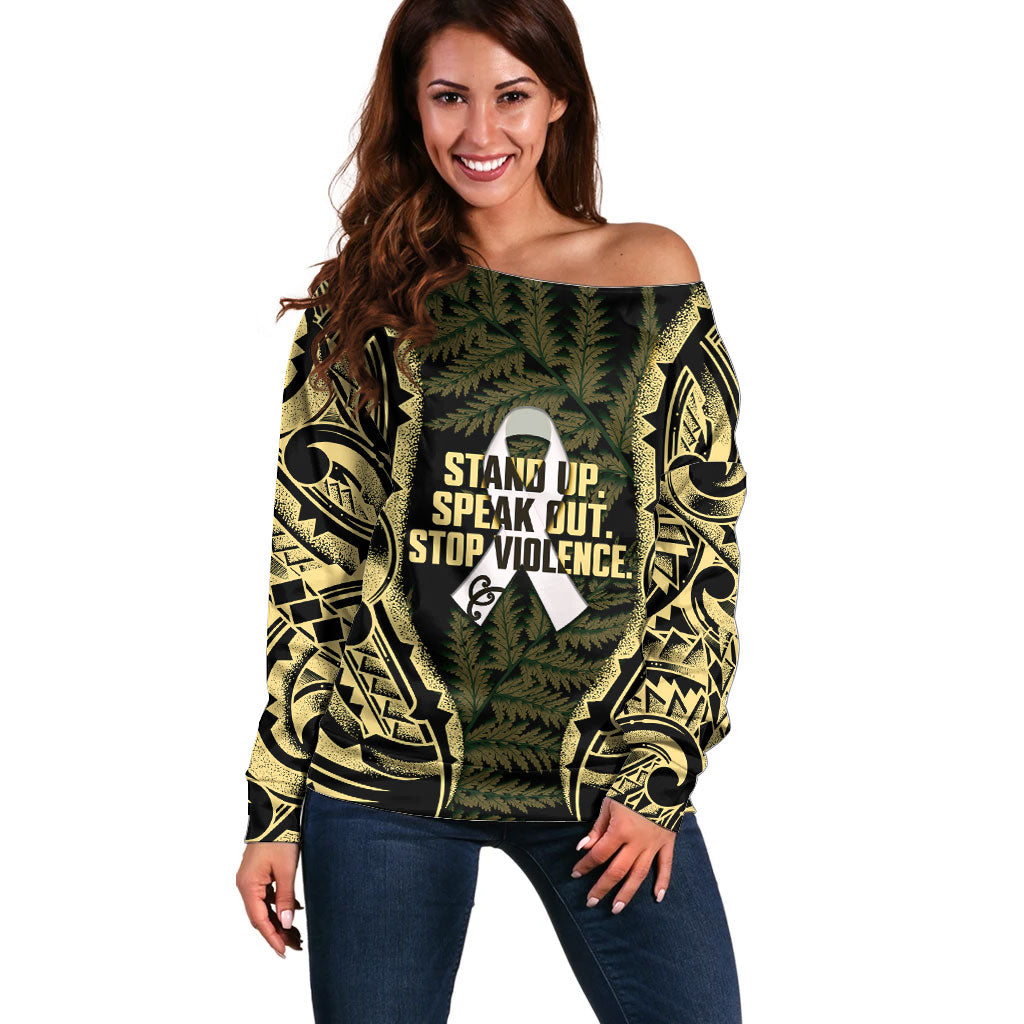 White Ribbon Day New Zealand Off Shoulder Sweater Respect Women Maori Pattern Yellow