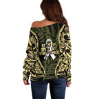 White Ribbon Day New Zealand Off Shoulder Sweater Respect Women Maori Pattern Yellow