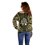 White Ribbon Day New Zealand Off Shoulder Sweater Respect Women Maori Pattern Yellow