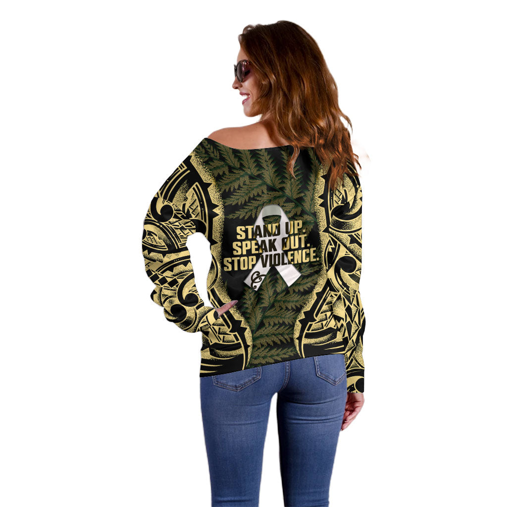 White Ribbon Day New Zealand Off Shoulder Sweater Respect Women Maori Pattern Yellow
