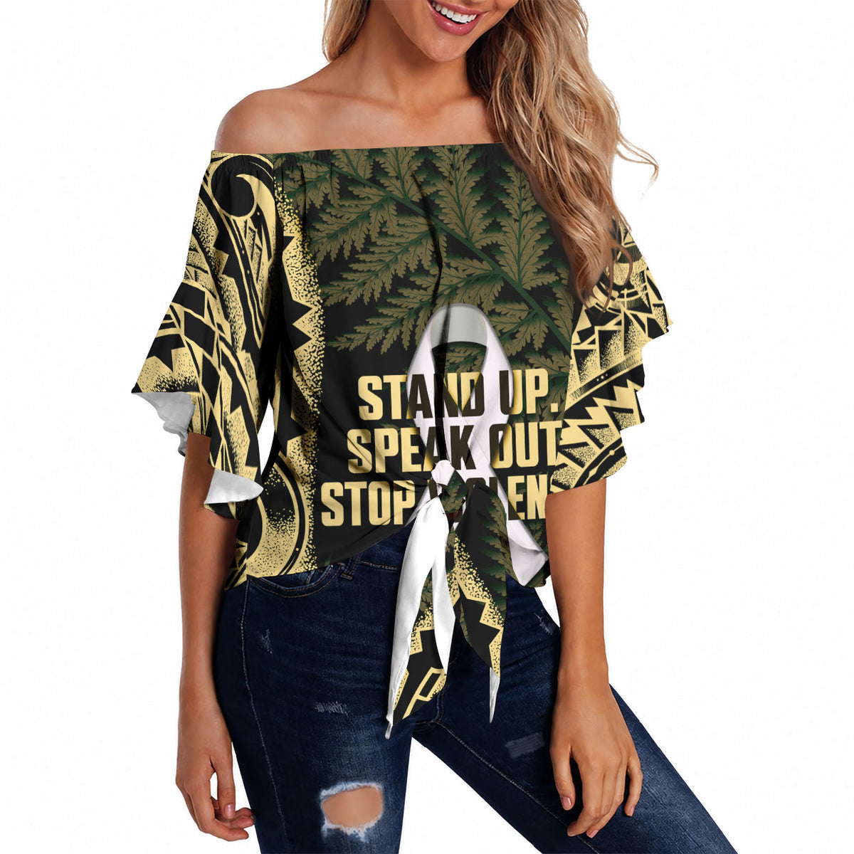 White Ribbon Day New Zealand Off Shoulder Wrap Waist Top Respect Women Maori Pattern Yellow