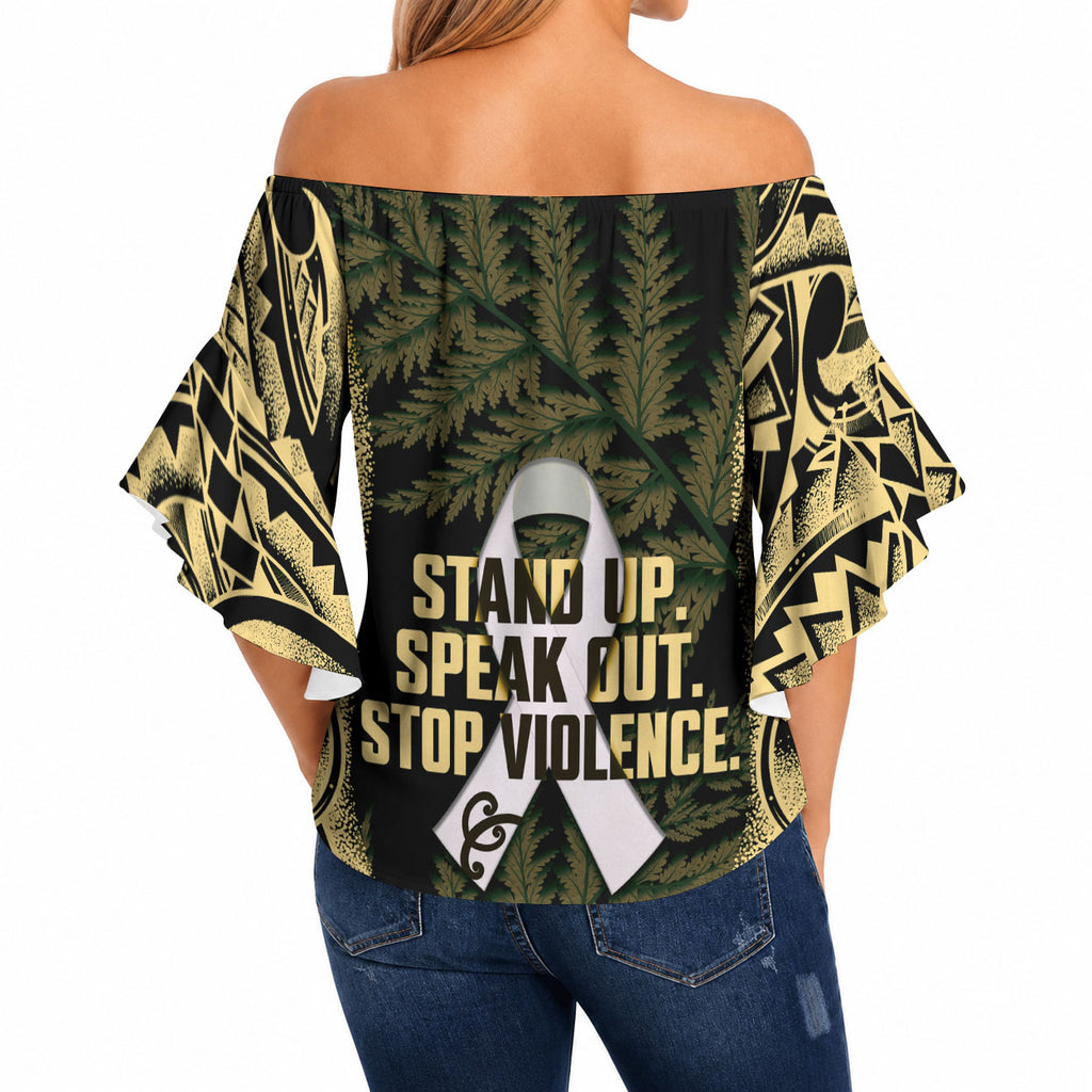White Ribbon Day New Zealand Off Shoulder Wrap Waist Top Respect Women Maori Pattern Yellow