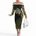 White Ribbon Day New Zealand Off The Shoulder Long Sleeve Dress Respect Women Maori Pattern Yellow