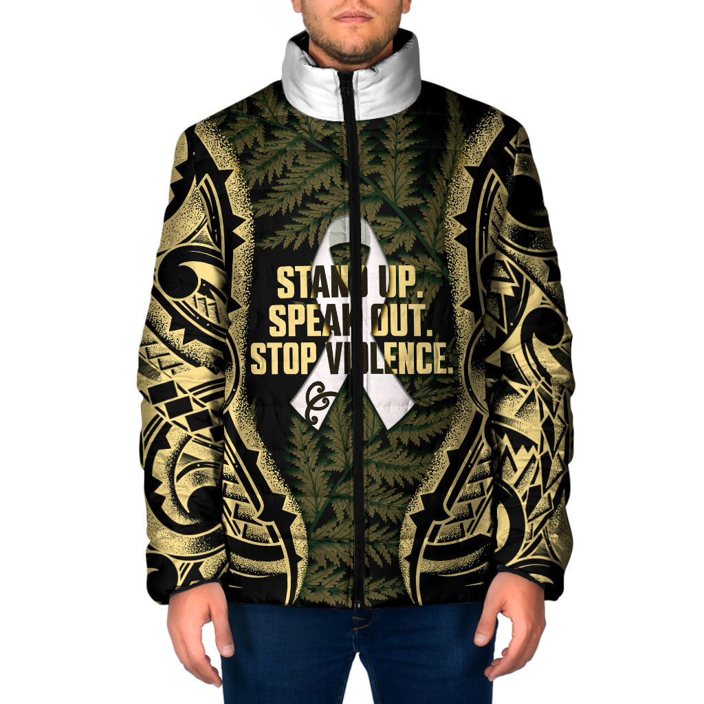 White Ribbon Day New Zealand Padded Jacket Respect Women Maori Pattern Yellow