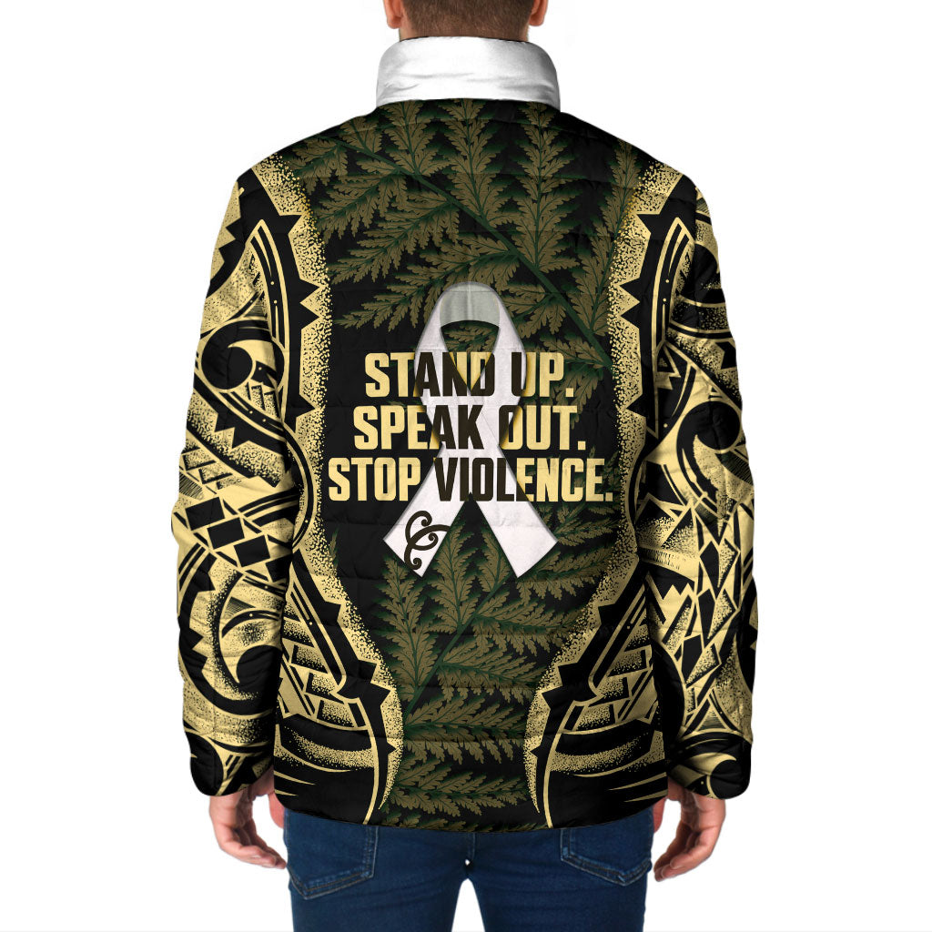 White Ribbon Day New Zealand Padded Jacket Respect Women Maori Pattern Yellow
