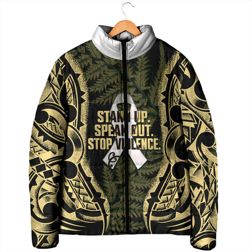 White Ribbon Day New Zealand Padded Jacket Respect Women Maori Pattern Yellow