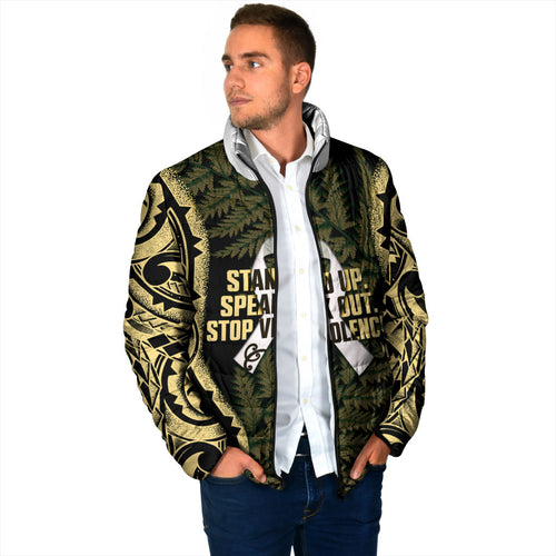 White Ribbon Day New Zealand Padded Jacket Respect Women Maori Pattern Yellow