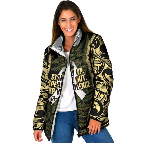 White Ribbon Day New Zealand Padded Jacket Respect Women Maori Pattern Yellow