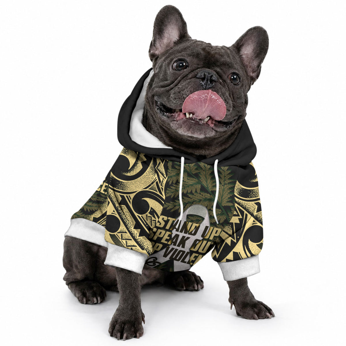 White Ribbon Day New Zealand Pet Hoodie Respect Women Maori Pattern Yellow