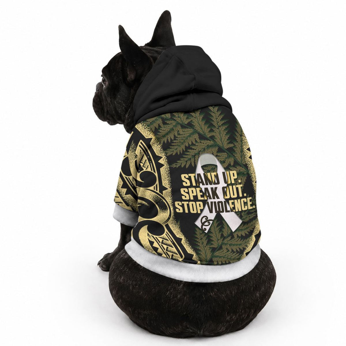 White Ribbon Day New Zealand Pet Hoodie Respect Women Maori Pattern Yellow