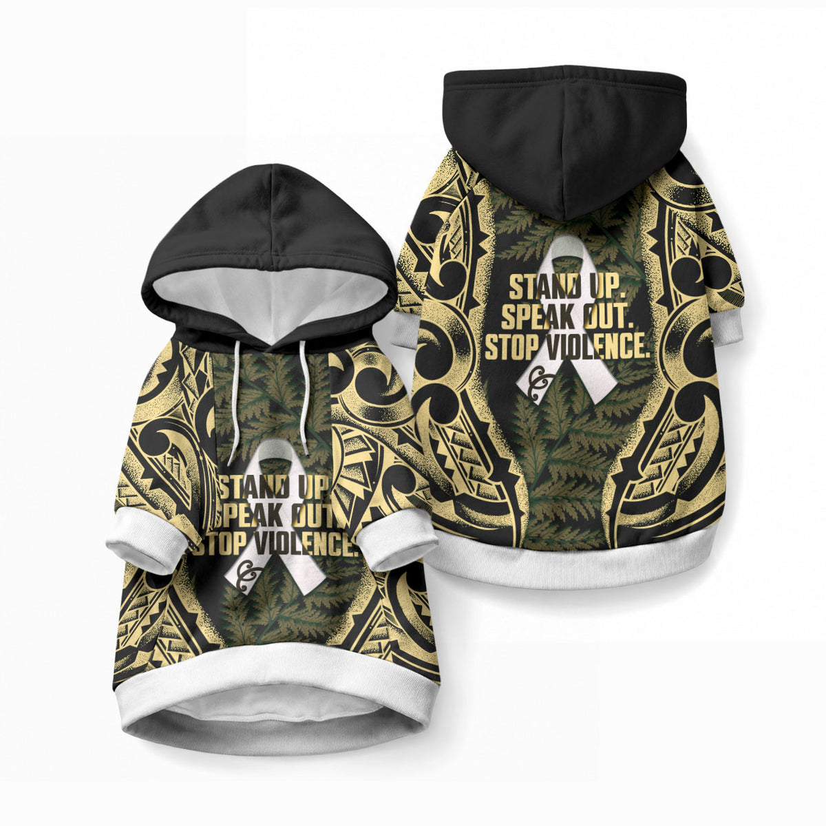 White Ribbon Day New Zealand Pet Hoodie Respect Women Maori Pattern Yellow