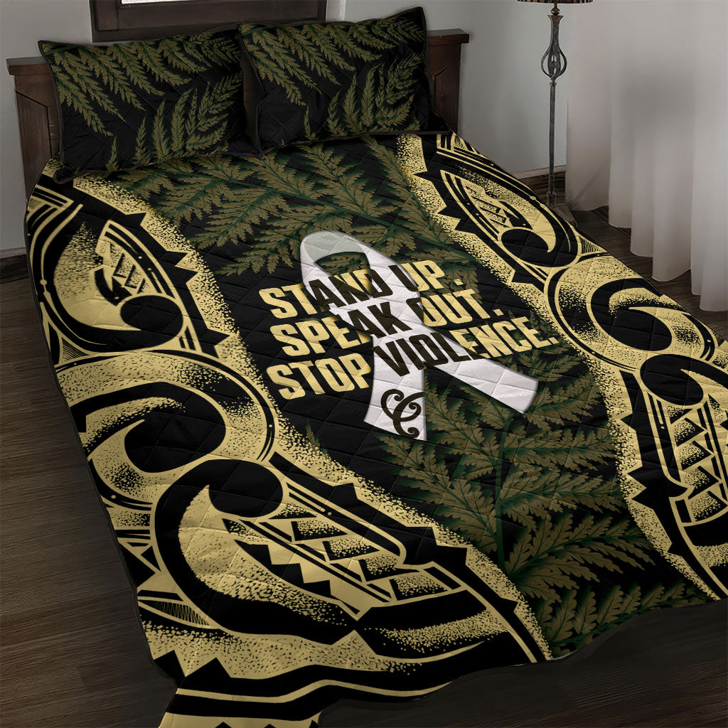 White Ribbon Day New Zealand Quilt Bed Set Respect Women Maori Pattern Yellow