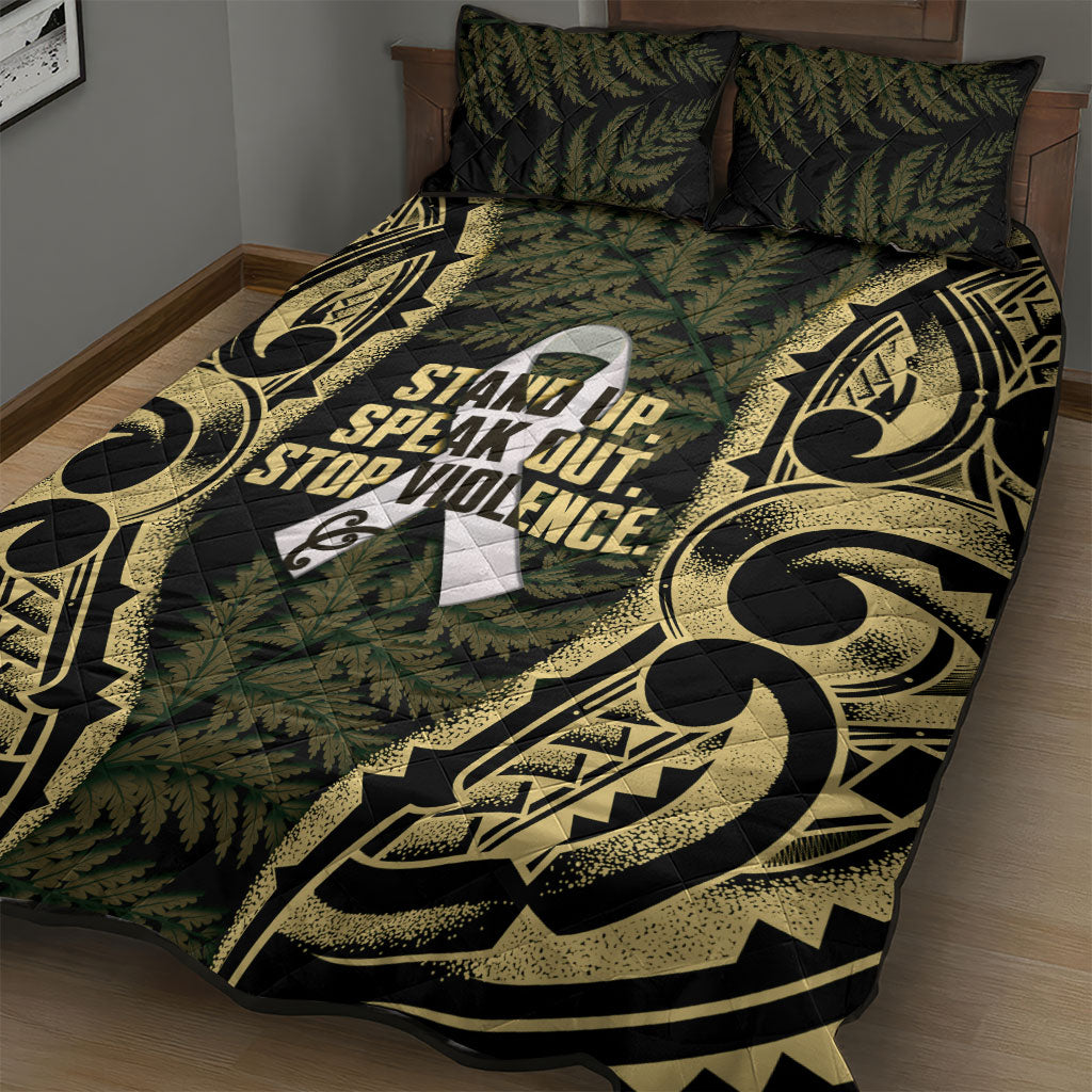 White Ribbon Day New Zealand Quilt Bed Set Respect Women Maori Pattern Yellow
