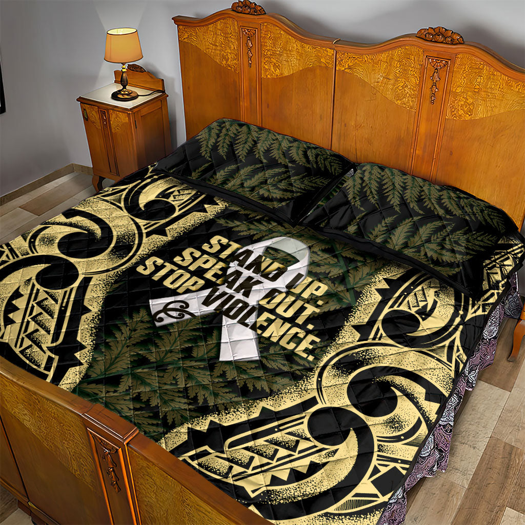 White Ribbon Day New Zealand Quilt Bed Set Respect Women Maori Pattern Yellow