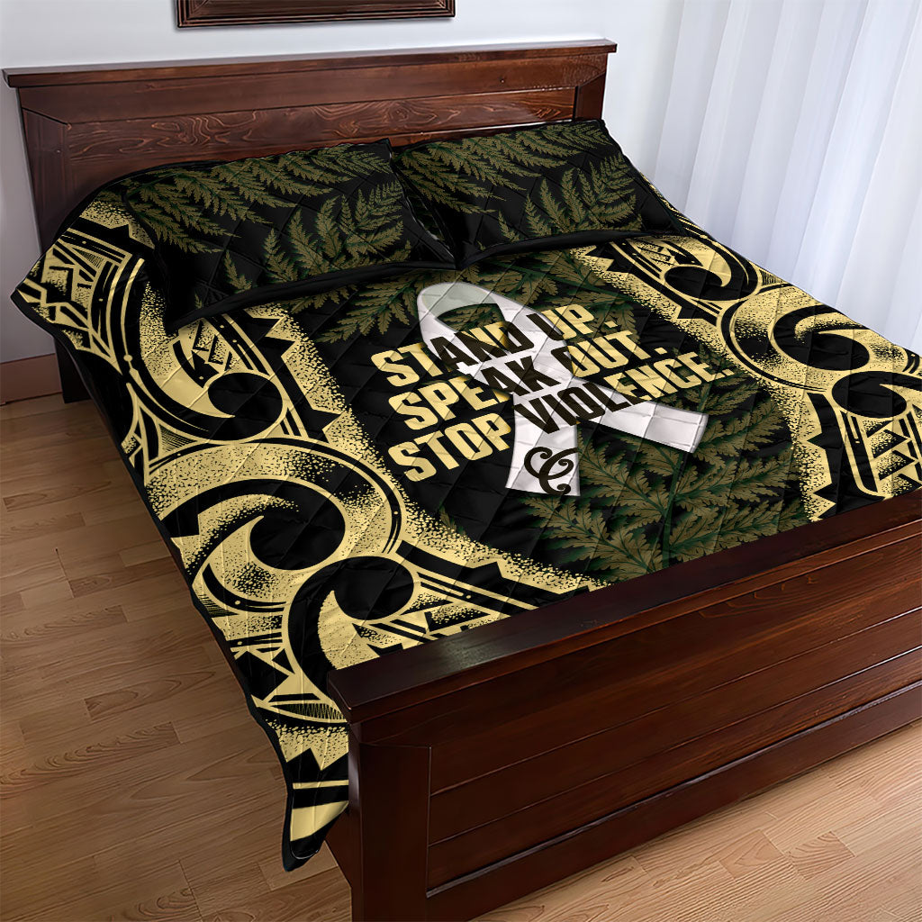 White Ribbon Day New Zealand Quilt Bed Set Respect Women Maori Pattern Yellow