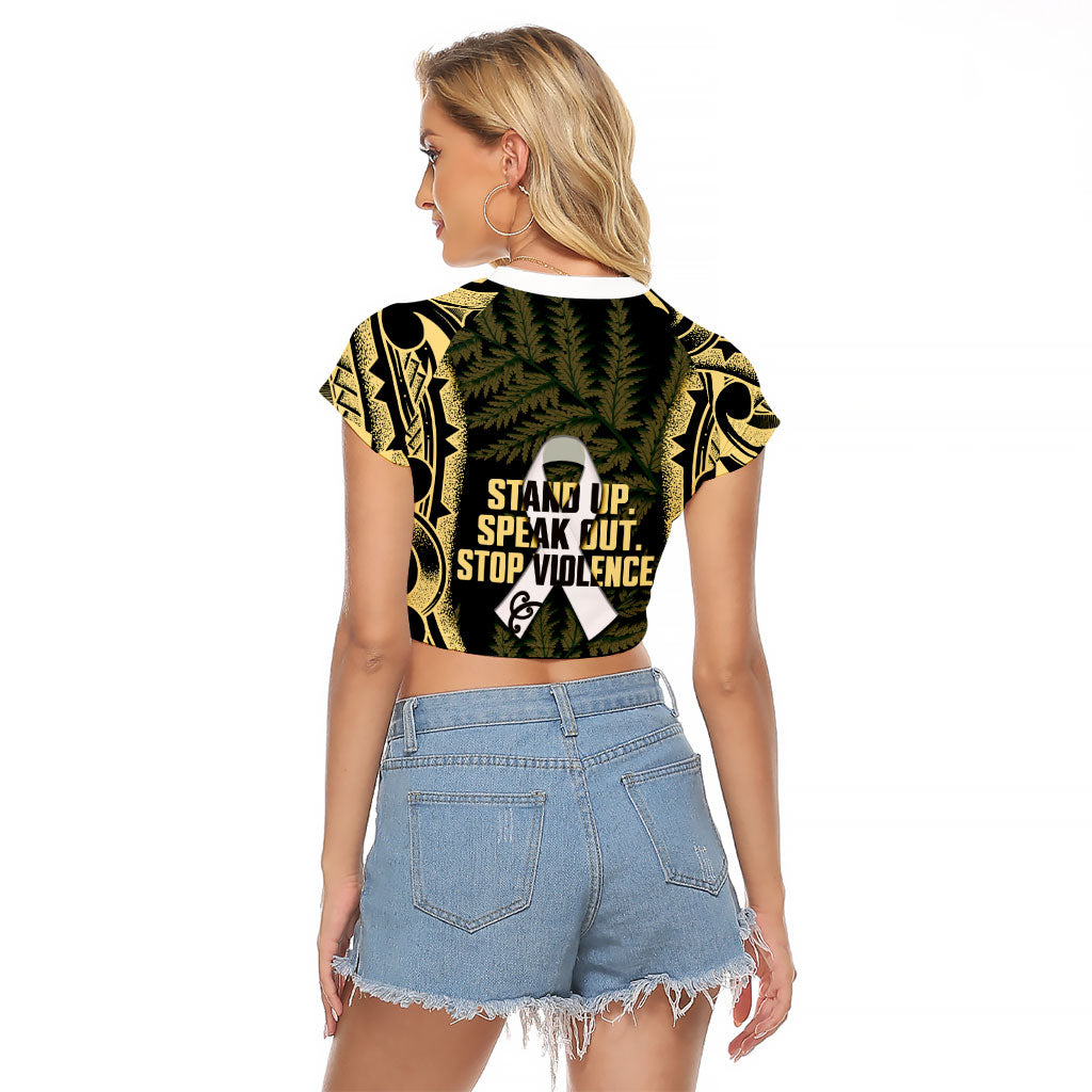 White Ribbon Day New Zealand Raglan Cropped T Shirt Respect Women Maori Pattern Yellow
