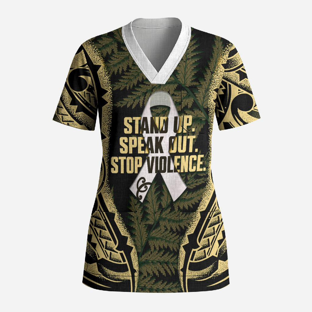 White Ribbon Day New Zealand Scrub Top Respect Women Maori Pattern Yellow