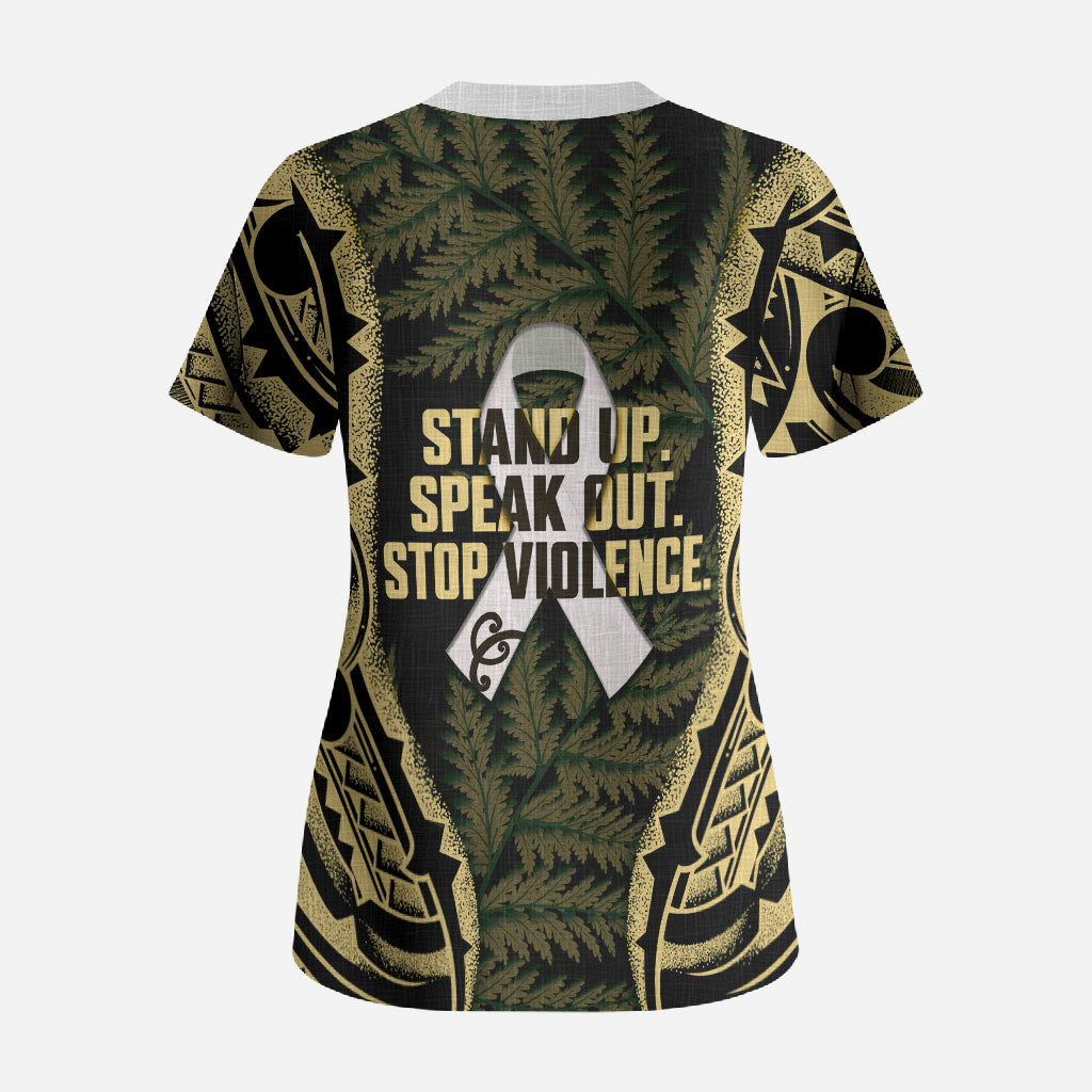 White Ribbon Day New Zealand Scrub Top Respect Women Maori Pattern Yellow