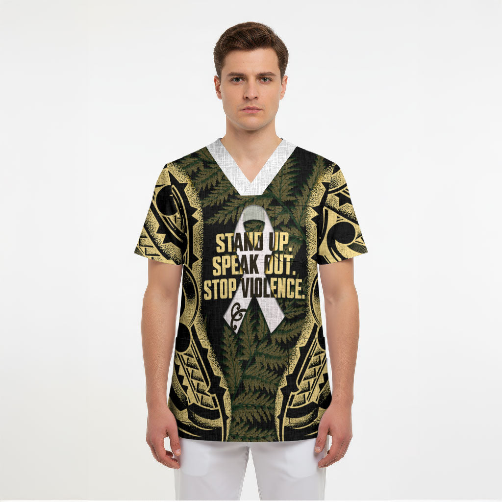 White Ribbon Day New Zealand Scrub Top Respect Women Maori Pattern Yellow