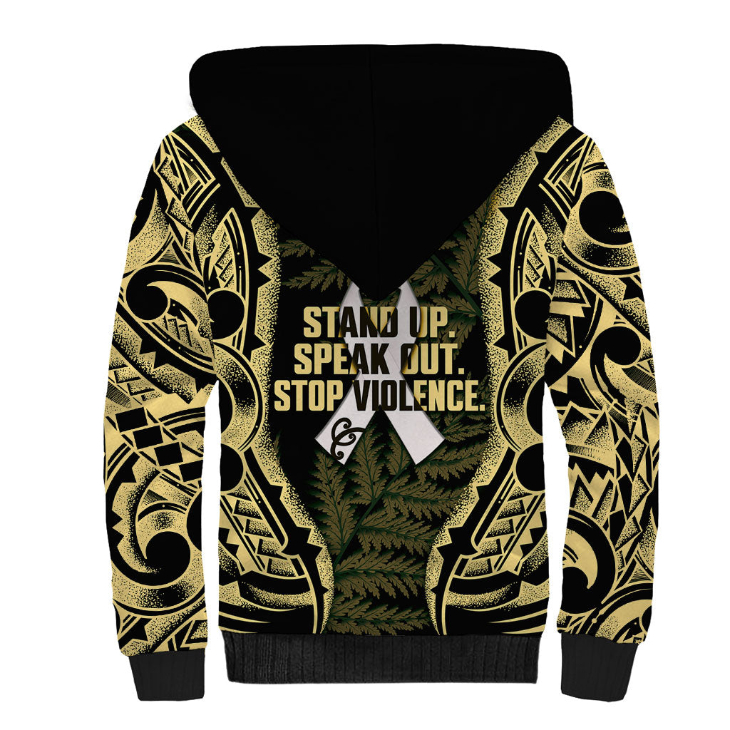 White Ribbon Day New Zealand Sherpa Hoodie Respect Women Maori Pattern Yellow
