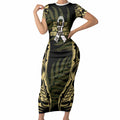 White Ribbon Day New Zealand Short Sleeve Bodycon Dress Respect Women Maori Pattern Yellow