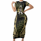 White Ribbon Day New Zealand Short Sleeve Bodycon Dress Respect Women Maori Pattern Yellow
