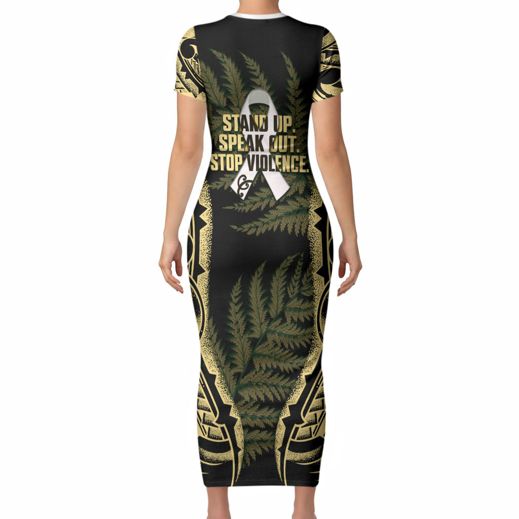 White Ribbon Day New Zealand Short Sleeve Bodycon Dress Respect Women Maori Pattern Yellow