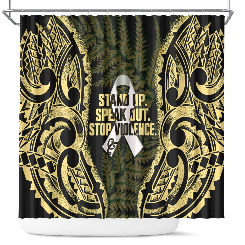 White Ribbon Day New Zealand Shower Curtain Respect Women Maori Pattern Yellow