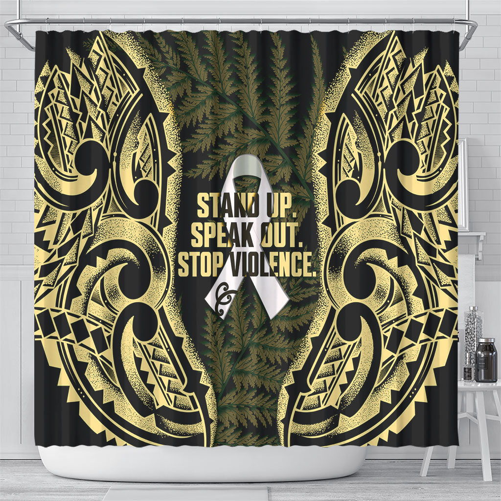 White Ribbon Day New Zealand Shower Curtain Respect Women Maori Pattern Yellow