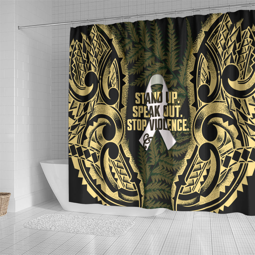 White Ribbon Day New Zealand Shower Curtain Respect Women Maori Pattern Yellow