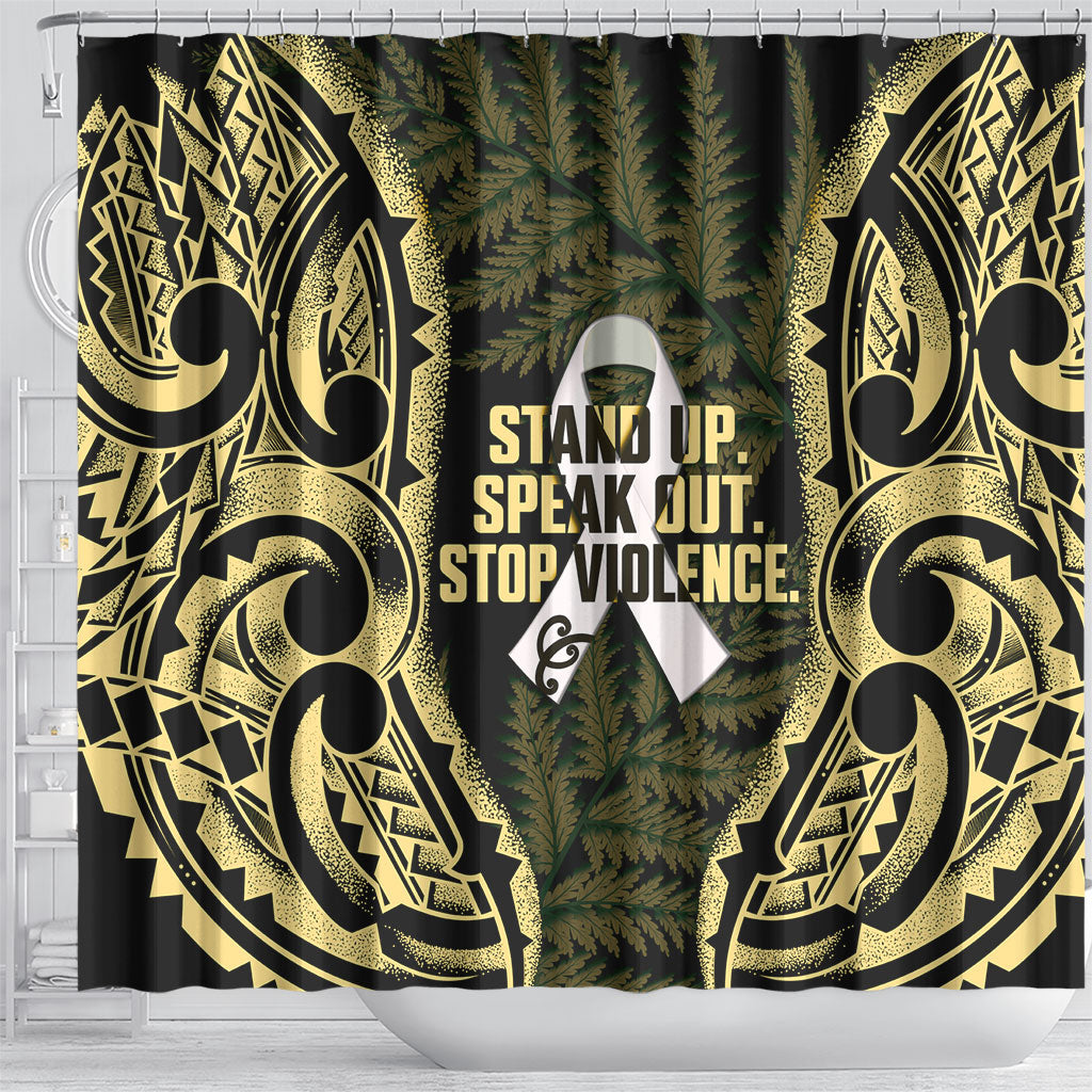 White Ribbon Day New Zealand Shower Curtain Respect Women Maori Pattern Yellow