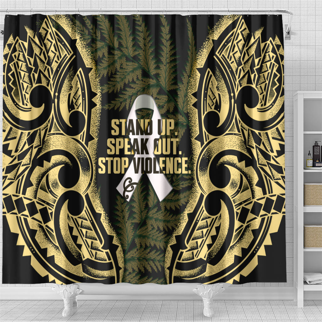 White Ribbon Day New Zealand Shower Curtain Respect Women Maori Pattern Yellow