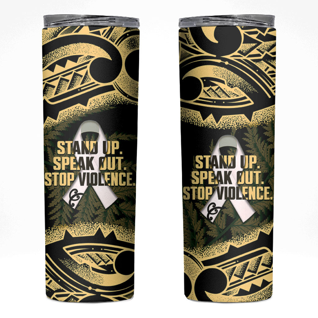 White Ribbon Day New Zealand Skinny Tumbler Respect Women Maori Pattern Yellow