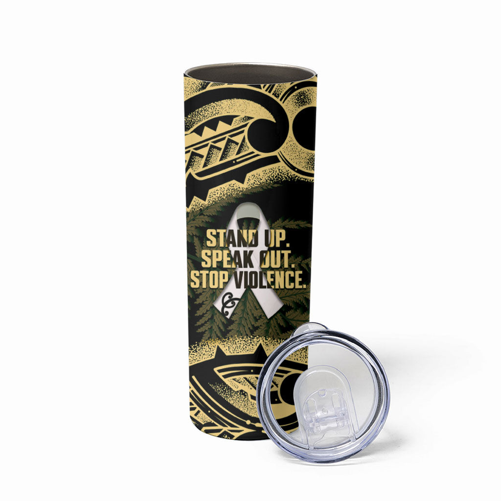 White Ribbon Day New Zealand Skinny Tumbler Respect Women Maori Pattern Yellow
