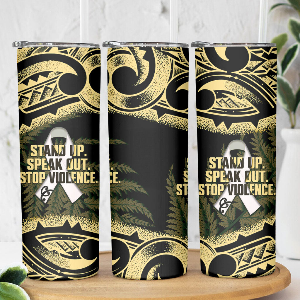 White Ribbon Day New Zealand Skinny Tumbler Respect Women Maori Pattern Yellow