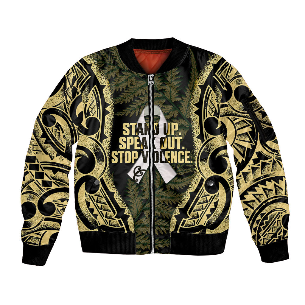 White Ribbon Day New Zealand Sleeve Zip Bomber Jacket Respect Women Maori Pattern Yellow