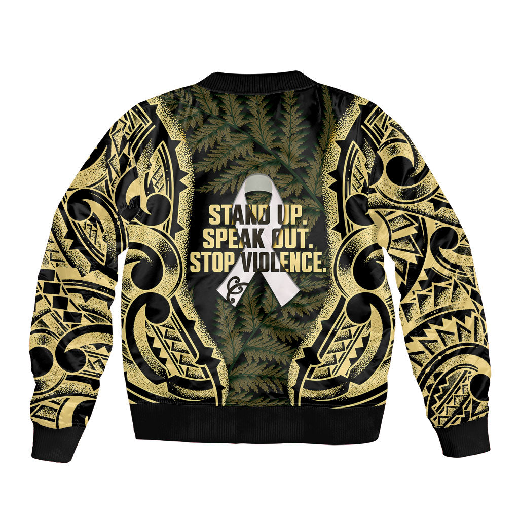 White Ribbon Day New Zealand Sleeve Zip Bomber Jacket Respect Women Maori Pattern Yellow