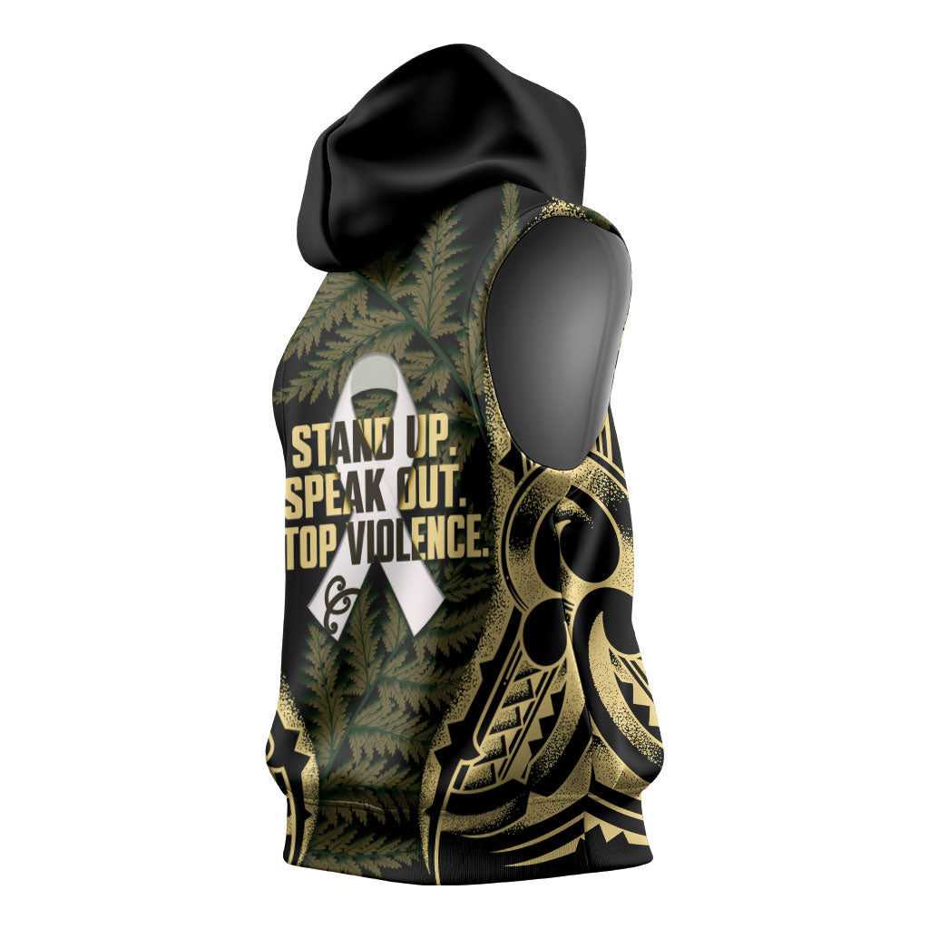 White Ribbon Day New Zealand Sleeveless Hoodie Respect Women Maori Pattern Yellow