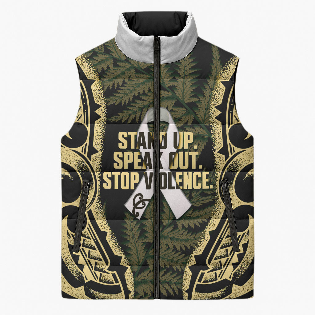 White Ribbon Day New Zealand Sleeveless Puffer Jacket Respect Women Maori Pattern Yellow