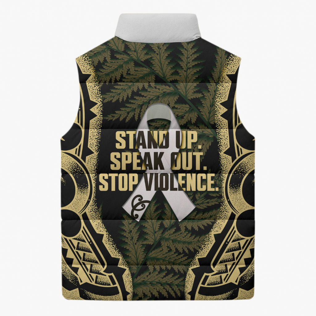 White Ribbon Day New Zealand Sleeveless Puffer Jacket Respect Women Maori Pattern Yellow